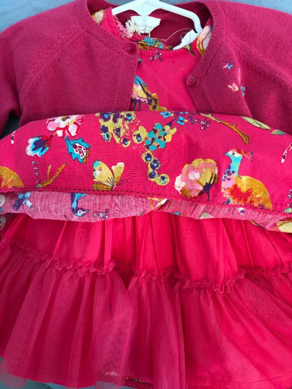 Next UK Baby Girl Magenta Pink Smocked Tropical Dress and Sweater Set